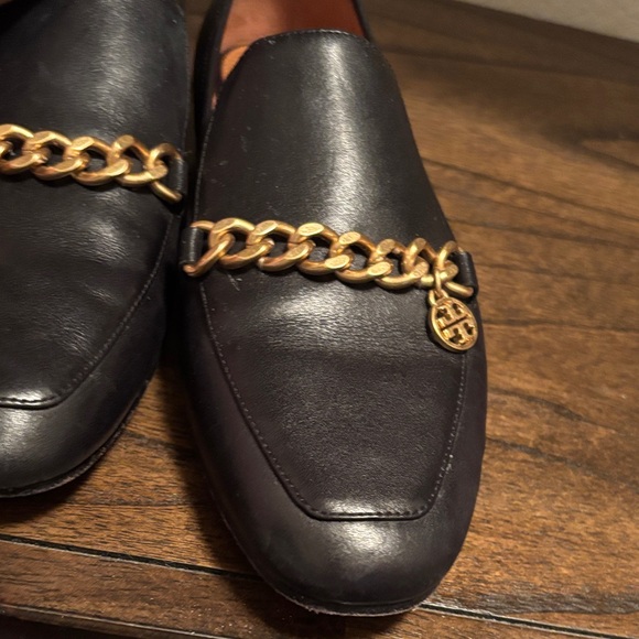 Tory Burch Black Leather Loafers with Gold Chain - Picture 9 of 15